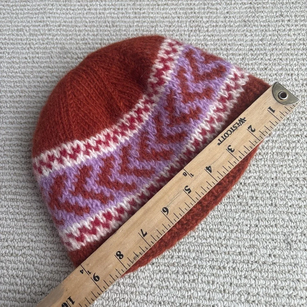 Rust Red Fair Isle Knit Beanie with Pink and Cream Accents
